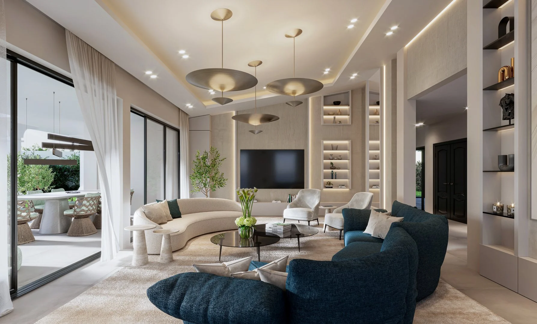 Elegant living room with chandelier and layered seating