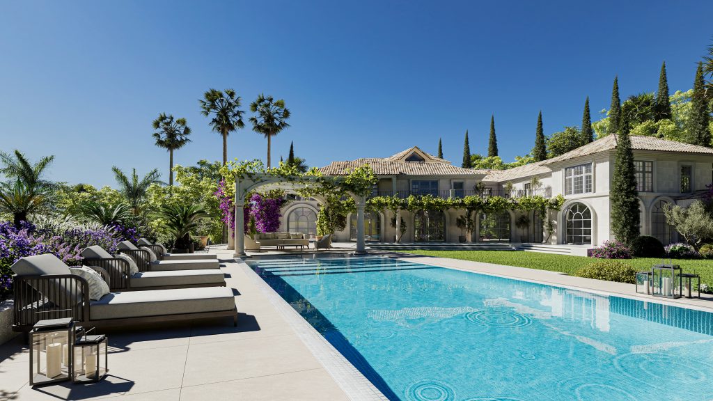 Pool terrace with sun loungers and a landscaped Mediterranean garden at a villa in La Zagaleta