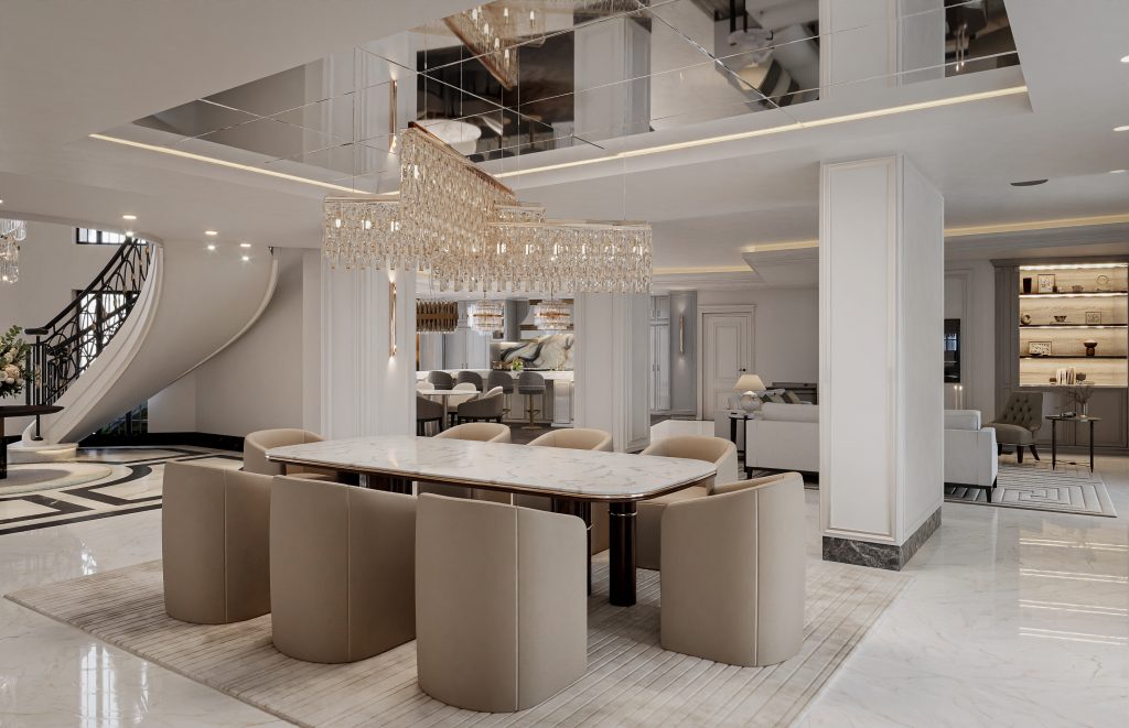 Dining room with a marble table, upholstered chairs and a linear crystal chandelier beneath a mirrored ceiling