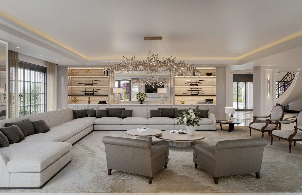 Family living room with a generous sectional sofa, backlit shelving and a sculptural chandelier