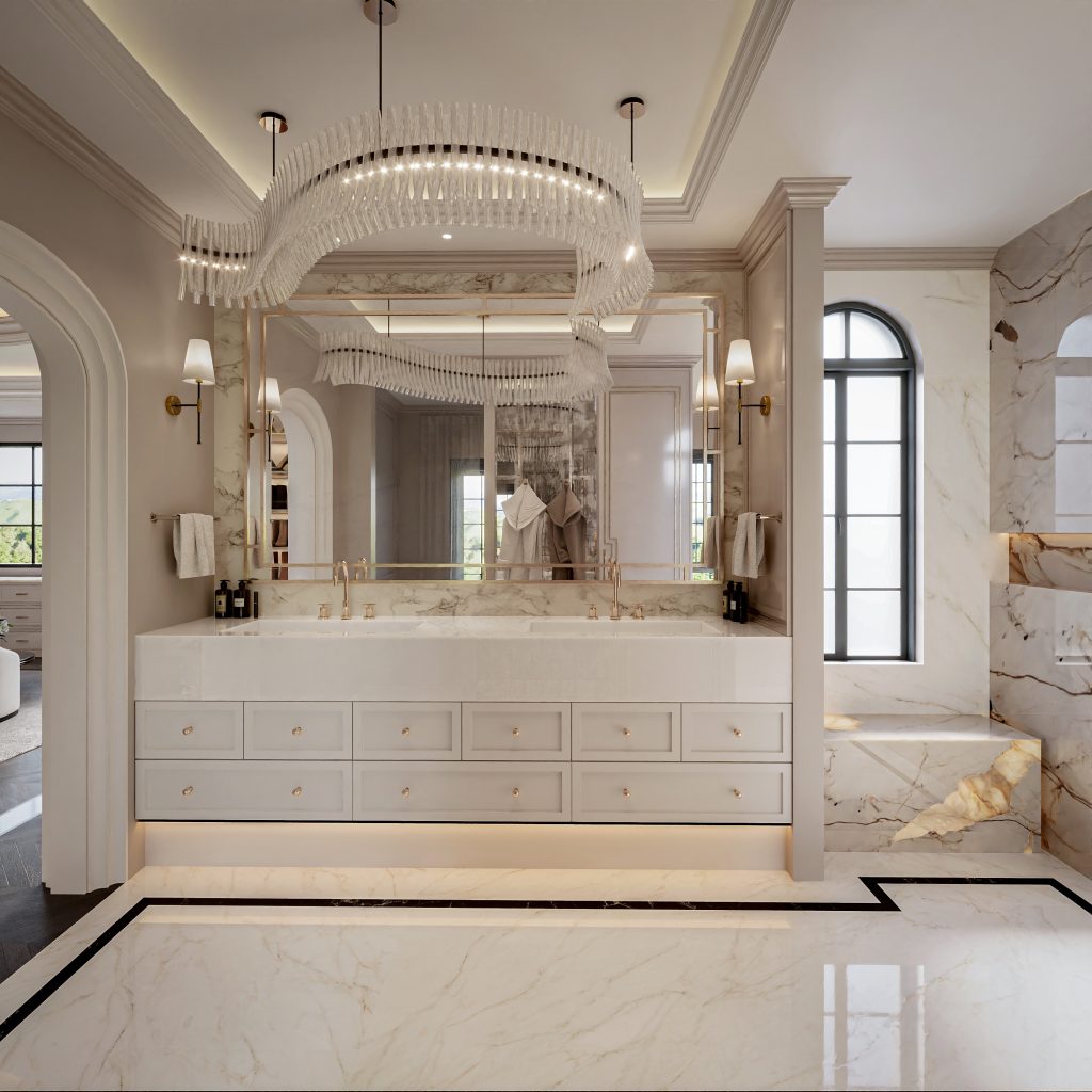 Marble master bathroom with a double vanity, arched window and crystal chandelier