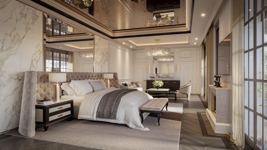 Master bedroom with a marble feature wall, upholstered bed and tall steel-framed windows in a La Zagaleta villa